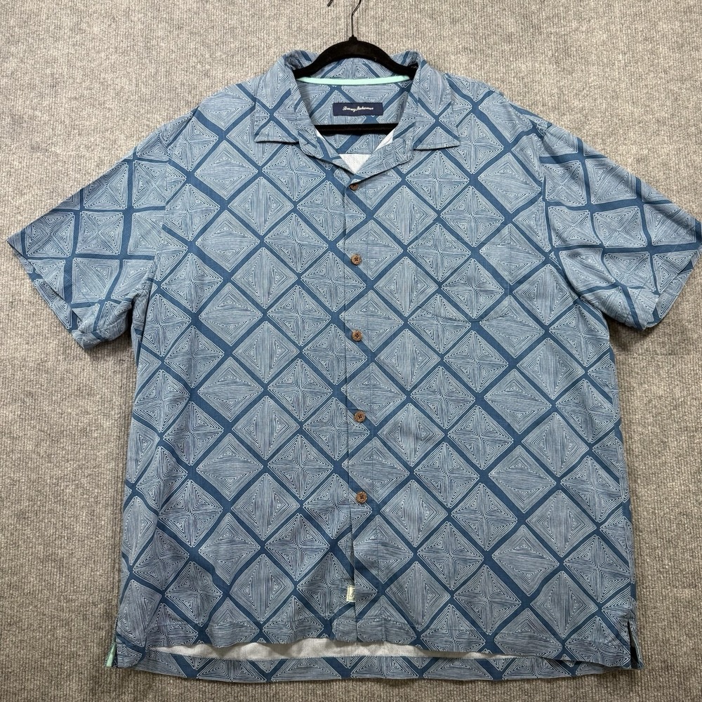 Tommy Bahama Men's XXL 100% Silk Hawaiian Camp Shirt Blue Geometric Print - Picture 2 of 7